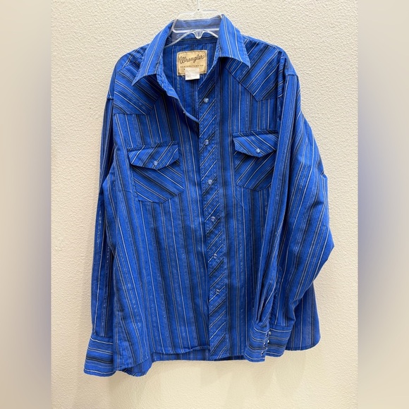 Wrangler Mens Shirt Pearl Snap Down Size Large Blue Striped Western Cowboy - Picture 1 of 6